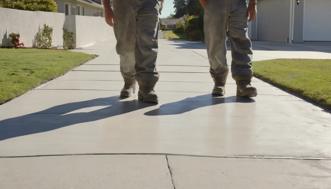 Fresh concrete driveway being finished beside a stucco ranch home in Concord