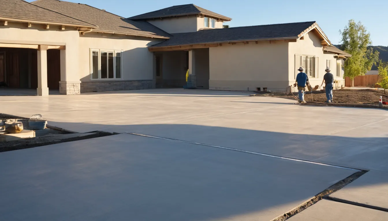 Freshly poured concrete driveway beside a stucco ranch home in Concord